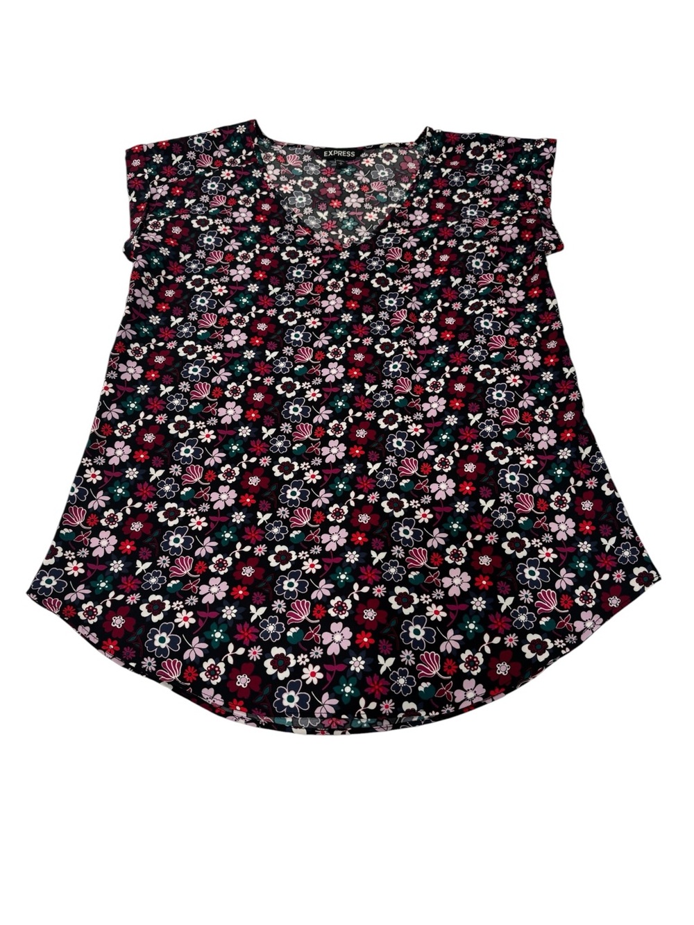 Ladies Small Express Black Floral V-Neck Cap-Sleeve Top